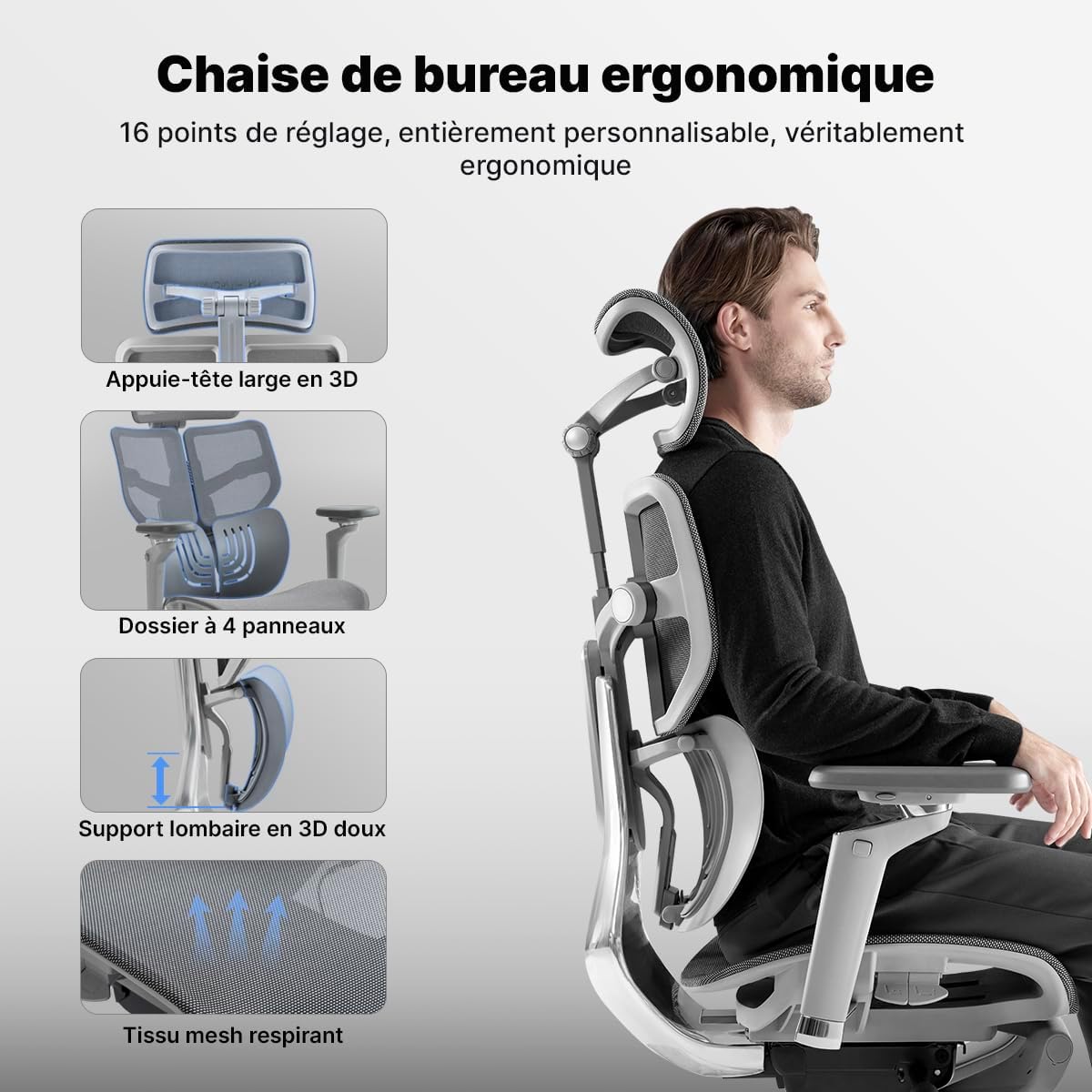 HINOMI X1 – Chaise Ergonomique Haut Dossier avec Repose-Jambes & Accoudoirs 6D (Gris)
