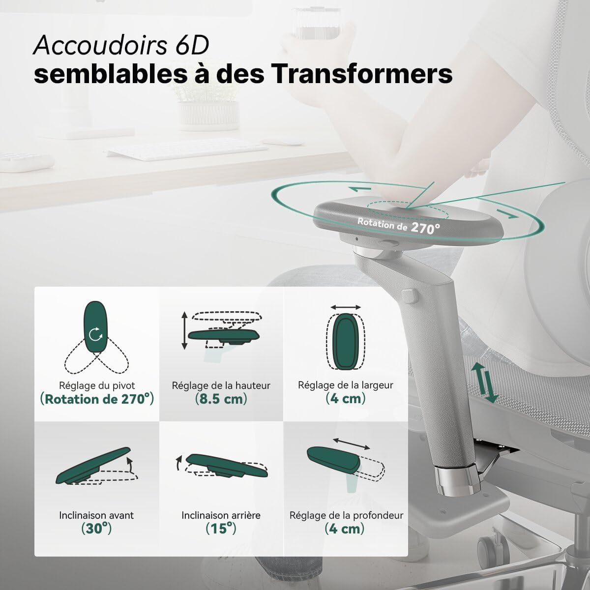 HINOMI X1 – Chaise Ergonomique Haut Dossier avec Repose-Jambes & Accoudoirs 6D (Gris)